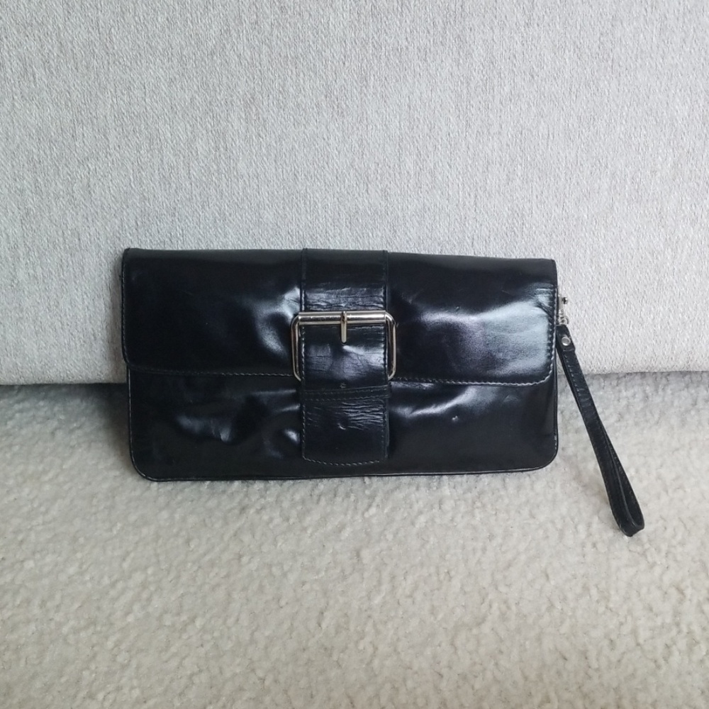 Black Leather Clutch/ Wristlet Handbag